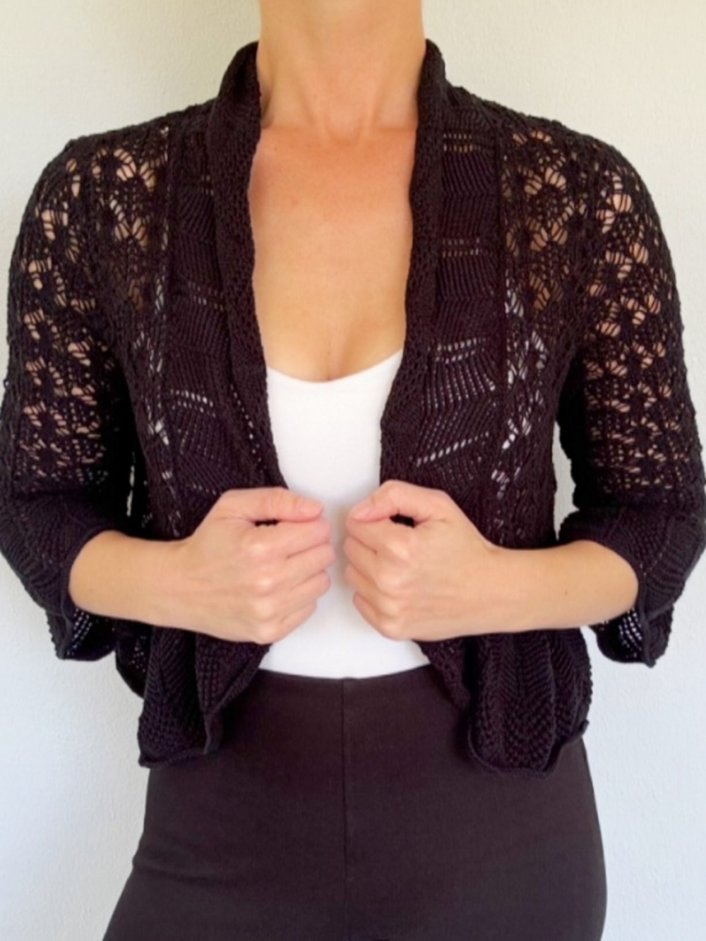 Thesis black crochet lace cotton blend bell sleeve cardigan sweater size medium